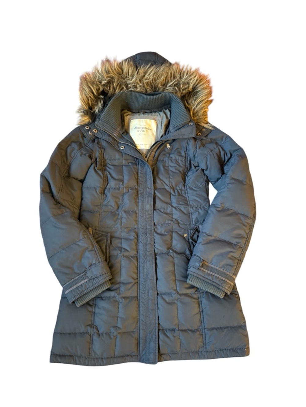 Abercrombie & Fitch womens Navy Blue Puffer Coat with Faux Fur Trimmed Hood